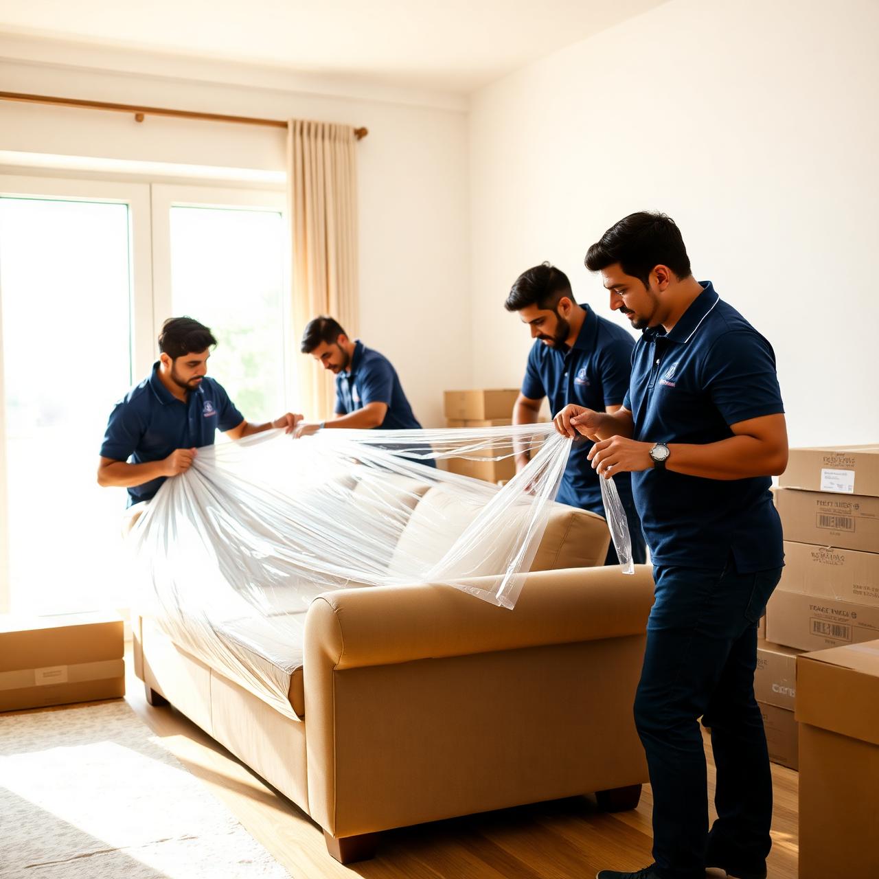 GharShiftKaro crew wrapping a sofa during a home move in Jaipur