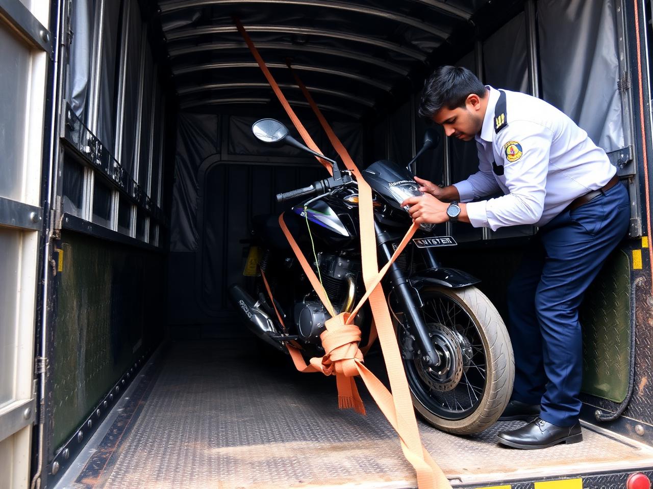 Two-wheeler being strapped inside a covered bike carrier truck