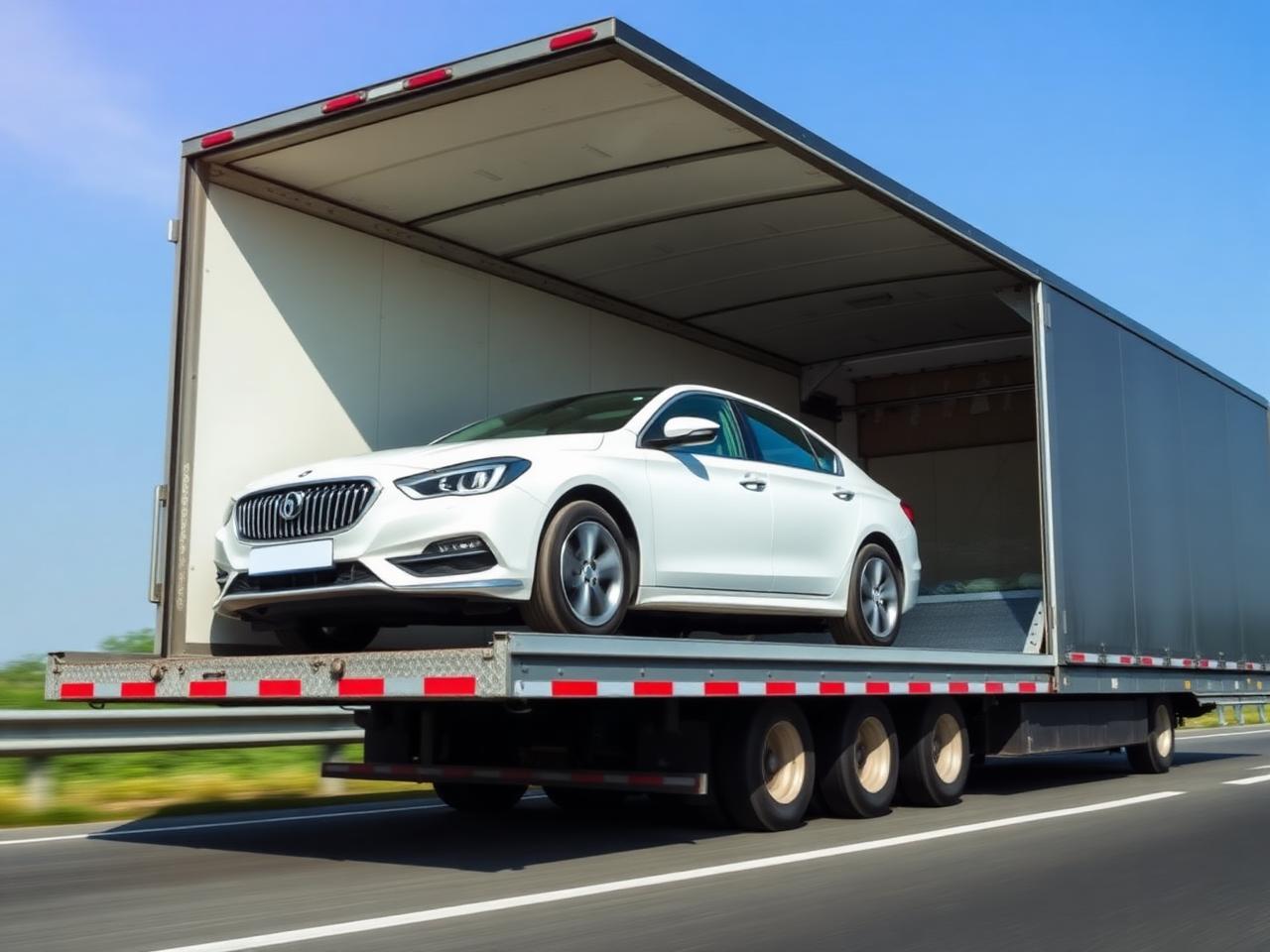 White sedan loaded onto a hydraulic single-car carrier