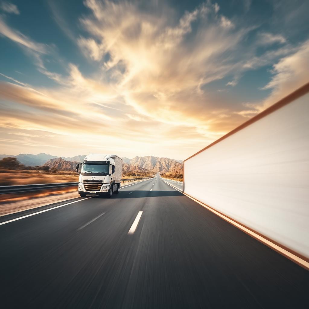 Long-haul intercity moving truck on a highway at sunset