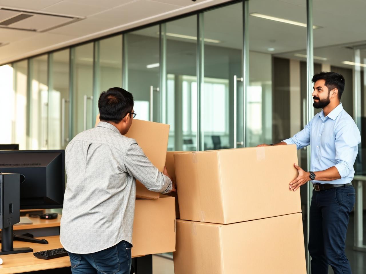 Office relocation team boxing up a corporate workspace