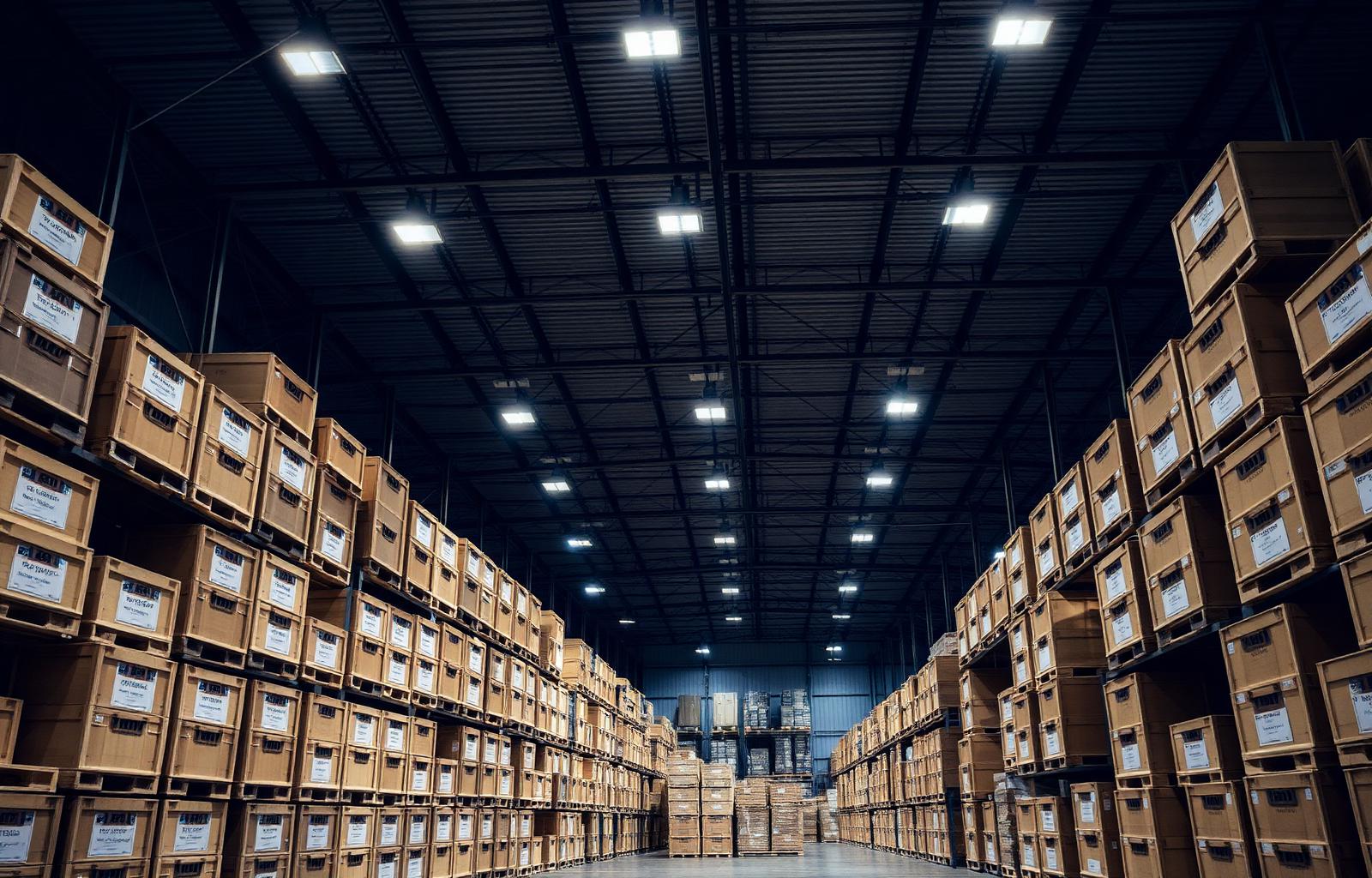 Interior of a CCTV-monitored warehouse with racked storage